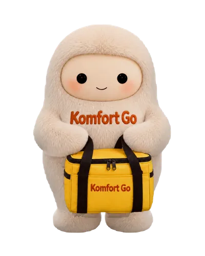 Konfi — Komfort Go maskoti, qo‘lida sariq kuryer sumkasi