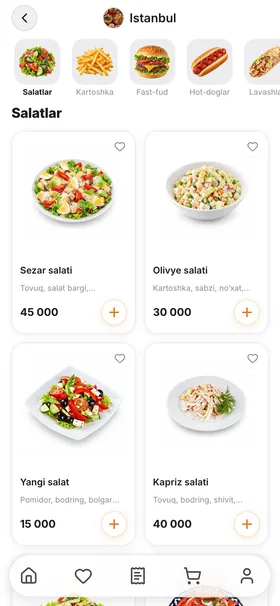 Ilova ekrani: kafe menyusi, taomlar rasmi va narxi bilan