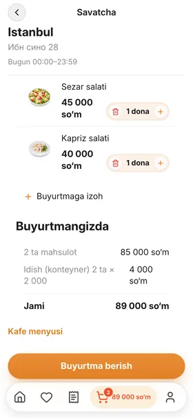 Ilova ekrani: savatcha va «Buyurtma berish» tugmasi