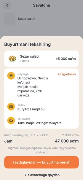 Ilova ekrani: buyurtmani tekshirish oynasi — manzil, to‘lov, yetkazish
